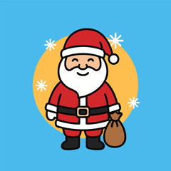 Cartoon Santa Claus smiling figure with sack on a blue background with snowflakes  a yellow circle