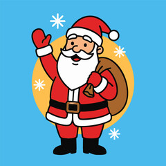 Cartoon Santa waves holding a sack against an orange circle on blue