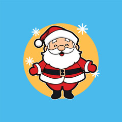 Santa Claus cartoon with a red suit and white beard on a blue background with a yellow circle and white snowflakes