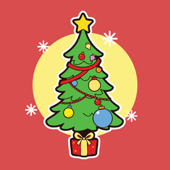 A cartoon Christmas tree decorated with ornaments topped with a star and set on a red gift