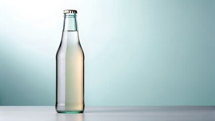 Clear Glass Bottle With Carbonated Beverage And Bubbles Against Soft Blue Background