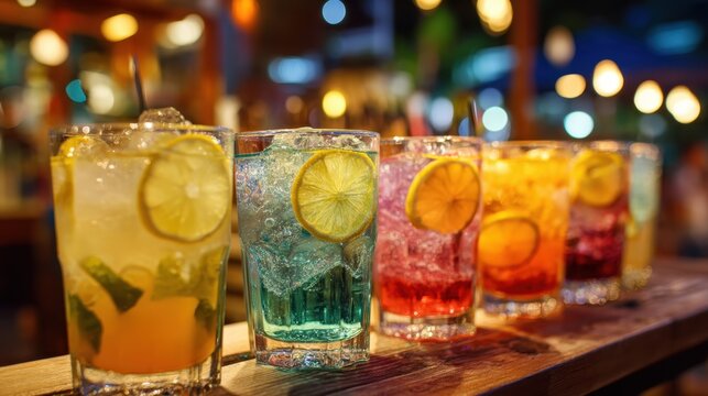 Multiple vibrant cocktails sit on a rustic wooden bar with lemon slices garnishing each drink. The setting features a lively illuminated atmosphere as evening approaches.