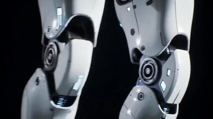 A highly detailed futuristic humanoid robot leg featuring a smooth white synthetic shell combined with exposed mechanical joints and blue neon cybernetic circuits. The articulated foot components - Powered by Adobe