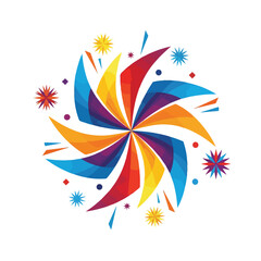 Obraz premium A colorful digital illustration of a stylized pinwheel with multicolored petals and sparks on a white background. Perfect for celebrations, greeting cards, and party decorations.