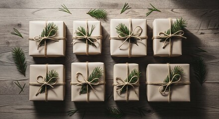 Rustic Christmas Flat Lay: Minimalist Gift Wrapping with Kraft Paper and Pine Sprigs on Wood