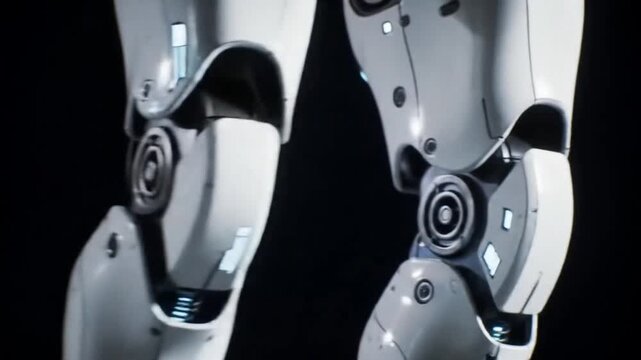 A highly detailed futuristic humanoid robot leg featuring a smooth white synthetic shell combined with exposed mechanical joints and blue neon cybernetic circuits. The articulated foot components