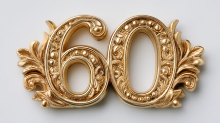This decorative number sixty features a rich golden color with ornate details and leaf patterns. It serves as a statement piece in home decor or event celebrations.
