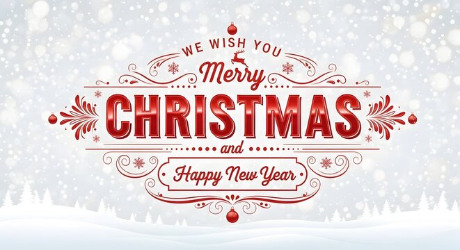 Merry christmas and happy new year greeting card design with elegant red typography and ornamental details on a sparkling snowy background, ideal for holiday