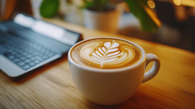 Cappuccino with latte art next to a laptop on a wooden table