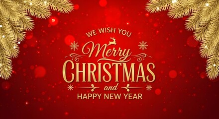 Festive red background with golden merry christmas and happy new year greeting, sparkling bokeh, decorative snowflakes, and elegant fir branches