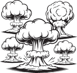Vintage Monochrome Atomic Explosion Illustrations Set for Graphic Design and Decoration