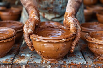 Pottery artisan shaping a clay bowl in a workshop during daylight hours