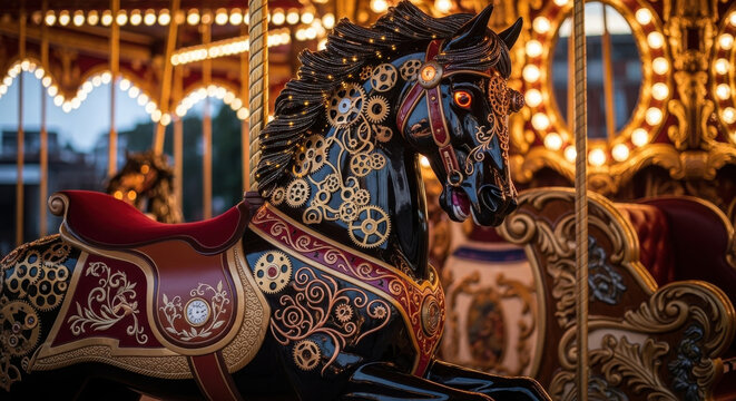 Steampunk Carousel Horse with Ornate Gears and Lights - Powered by Adobe