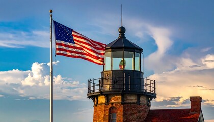 A classic brick lighthouse topped with a black cupola, American flag waving in the wind. The sunset paints the sky with golden hues