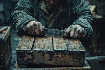Skilled woodworker shaping a wooden box with precision in a rustic workshop during the early morning