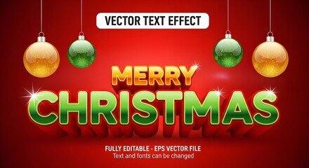 Merry christmas vector text effect with shiny golden and green ornaments on a vibrant red background, perfect for festive greetings, holiday designs, and seasonal celebrations