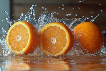 Vibrant Fresh Oranges with Dynamic Water Splash for Healthy Lifestyle and Beverage Promotions