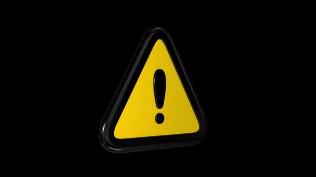 Isolated yellow rotating warning sign with black exclamation mark. 3D rendering on transparent background.