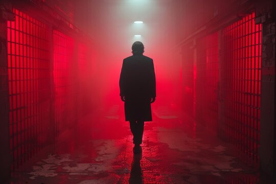 Mysterious figure walks through a foggy, red-lit prison corridor at night
