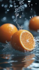 Refreshing Sliced Orange and Whole Orange Splashing in Clear Water, Perfect for Healthy Drink Concepts and Vitamin C Promotions
