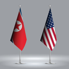 Two Standing Flags Representing USA vs North Korea with Flags on Bodies 