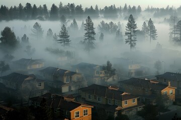 Misty morning reveals quiet homes among tall trees in a tranquil neighborhood setting during sunrise