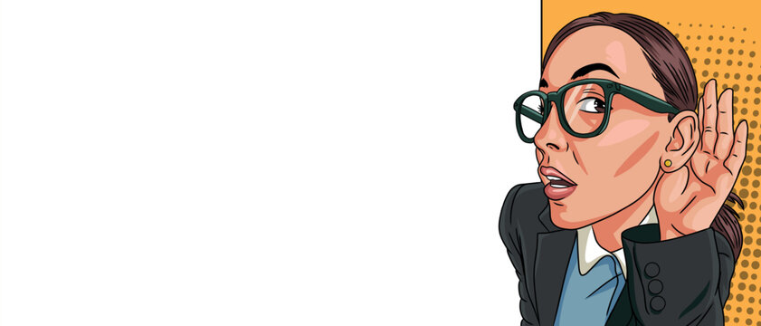 A surprised pop art girl eavesdrops on an empty banner