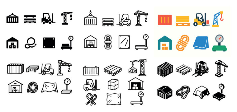 Industrial icons: cranes, forklifts, warehouses