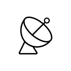 Radar Antenna Line Icon: minimalistic outline icon of a radar dish antenna. Suitable for communication, detection and military or aerospace topics.