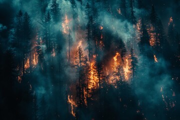 Fototapeta premium Intense forest fire raging through tall trees in a mountain landscape at dusk, showcasing nature's destructive power
