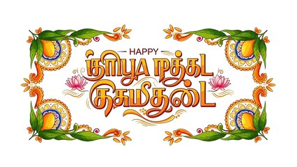 Happy South Indian Festival Greeting Card Design with Traditional Mango Leaves, Lotus, and Tamil Typography
