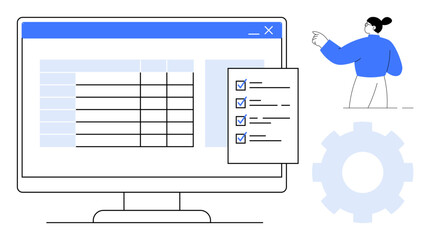Computer screen displaying a spreadsheet and checklist, user pointing toward tasks, large gear. Ideal for productivity, organization, workflow, data management, planning analytics teamwork. Simple