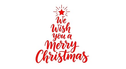 A festive red calligraphic text design wishing a merry christmas, shaped like a christmas tree with a shining star on top, isolated on white background