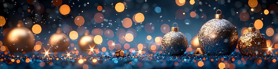 Panoramic View of Golden Christmas Ornaments with Blurry Bokeh Lights