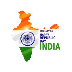 Vibrant India Republic Day Celebration: Patriotic Map with National Flag Colors, Ashoka Chakra, and 'January 26 Happy Republic Day India' Text