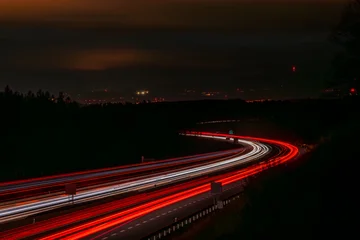 Canvas schilderij Snelweg bij nacht Color cars lines on dark highway from Prague to Linz near Chotycany village  © luzkovyvagon.cz
