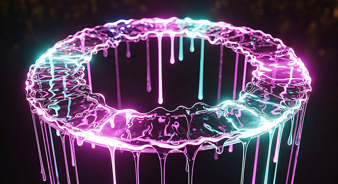 Abstract glowing neon ring with dripping liquid effect in vibrant pink and blue colors