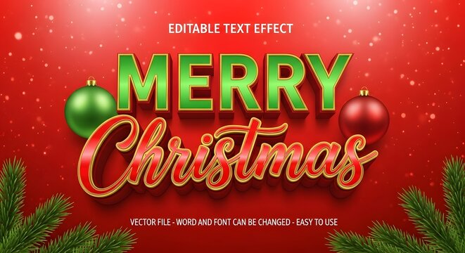 Merry christmas greeting with vibrant green and glittery red text, festive ornaments, and pine branches on a sparkling red background, perfect for holiday cheer