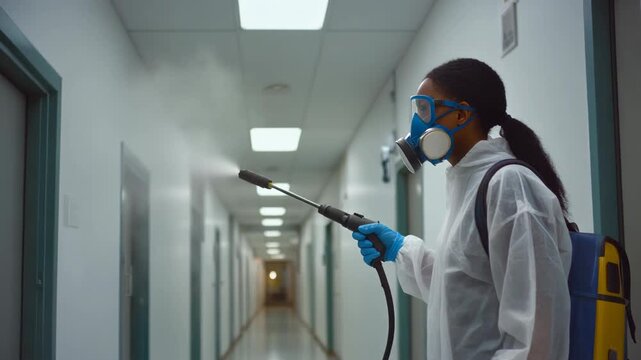 Person in Hazmat Suit and Gas Mask Disinfecting Hallway with Sprayer (149