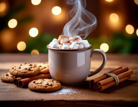 Tasse de caf&eacute; chaud avec vapeur et guimauves, ambiance cosy hivernale