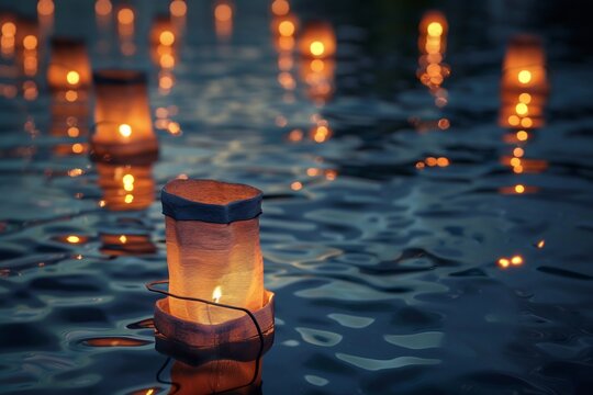 Floating luminaries create a serene ambiance with soft glows upon the water surface at twilight