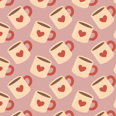 Cozy seamless pattern with cute mugs and heart symbols in warm pastel colors. Perfect for winter design, holiday decor and Christmas themes.