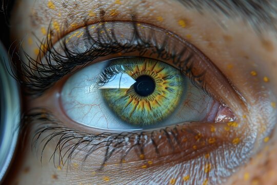 Close-up view of a human eye showcasing vibrant colors and intricate details during daylight - Powered by Adobe