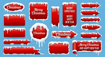 Vibrant set of red christmas banners, labels, arrows, and frames with white snow and ice effects, perfect for holiday greetings, winter promotions, and seasonal design