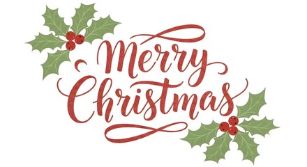 Festive merry christmas script in sparkling red, adorned with traditional green holly leaves and red berries, perfect for holiday designs, isolated on white background