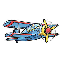 Cartoon illustration of a vintage biplane with a propeller, blue fuselage, and red accents.