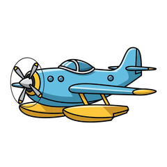 A cartoon illustration of a light blue seaplane with yellow floats and a propeller on a white background.