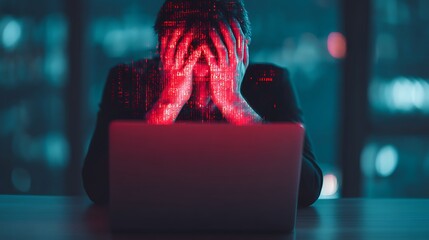 A stressed individual sits at a laptop, hands on their head, surrounded by digital code visuals, symbolizing anxiety or frustration related to technology.