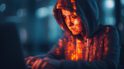 A hooded figure types on a laptop, illuminated by vibrant binary code, suggesting a connection to technology and cybersecurity.