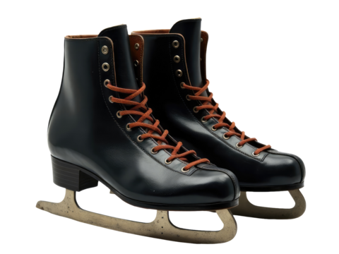 A pair of ice skates with brown laces, ready for winter fun